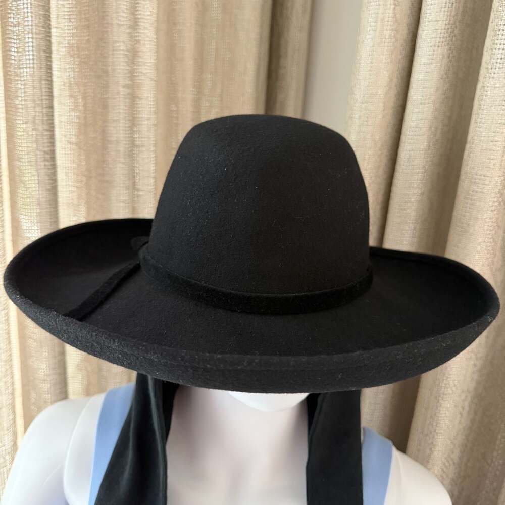 Vintage NWT Michael Howard 100% Wool Felt Black Wide Brim Hat w Scarf Detail